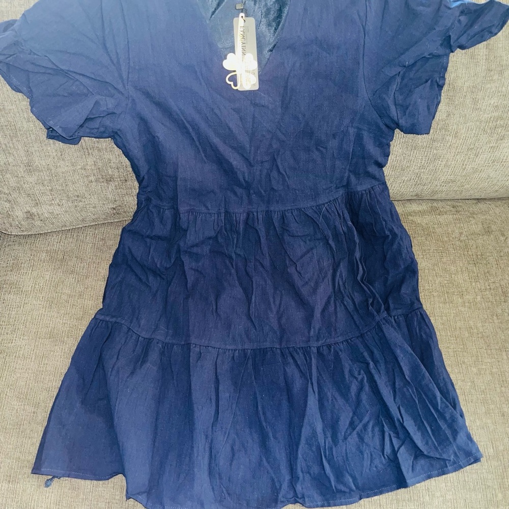 Fancyinn Blue Mini Dress with V-neck Short Flutter Sleeves and A-line Style